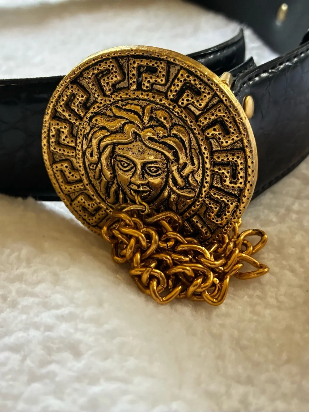 Black Leather Belt with Gold Medallion and Chain Accent